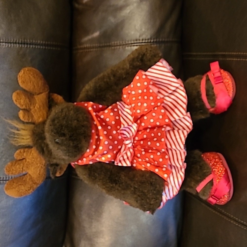 Build-a-Bear Moose in red satin dress with sparkly red shoes